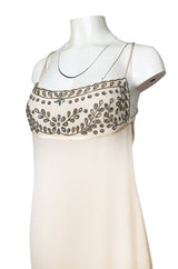 1990s Valentino Trained Backless Ivory Silk Dress w Sequin & Bead Detail