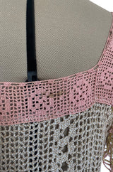 1960s Handmade Crocheted Crop Top w Open Front Pink Sleeves & Gold Metallic Accents