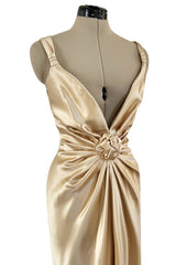 Iconic Fall 1980 John Anthony Couture Plunge Front Gold Silk Charmeuse Halter Dress w Bare Back