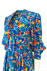 Spring 1983 Yves Saint Laurent Silk Multi Color Print on Blue Dress