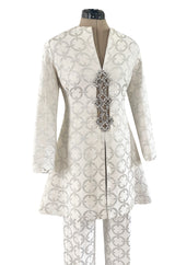 Fabulous 1960s Silver & White Brocade Tunic & Pant Set w Beaded Front Cut Out