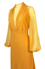Spring 1972 James Galanos Couture Deep Yellow Silk & Chiffon Plunge Dress