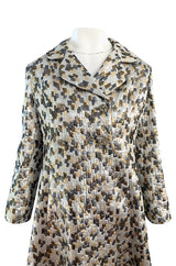 Early 1960s Ceil Chapman Gold & Silver Metallic Silk Brocade Coat w Crystal Buttons
