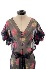Prettiest 1930s Bias Cut Transparent Floral Print Silk Crepe Chiffon Dress w Capped Sleeves