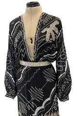 Sexy 1982 Fabrice Simon Black Densely Beaded Silk Chiffon Dress w Plunge Front