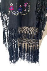 Antique 1920s Embroidered Silk Fringe Curved Cape or Shawl w Tassel Detailing