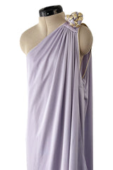 1981 Bill Tice Lilac One Shoulder Jersey Dress w Gold Lame Flower Detailing