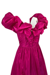 1980s Loris Azzaro Couture Bright Pink Silk Taffeta Backless Plunge Dress