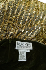 1980s Oleg Cassini Gold Beaded Spangle Fringe Dress