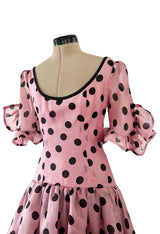 Rare Spring 1990 Yves Saint Laurent Mini Front Skirt Longer Back Pink & Black Dot Dress