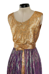 Fabulous 1970s Adolfo Metallic Gold, Green and Purple Silk Skirt, Tassle Belt & Top Set
