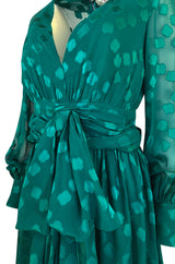 A/W 1973 Christian Dior Haute Couture Stunning Green Silk Chiffon Dress