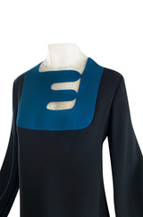 c.1967 Pierre Cardin ‘Cosmocorps’ Collection Cut Out Blue Neckline on Black Wool Dress