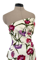 Beautiful 1950s Philip Hulitar Couture Brilliant Floral on Ivory Print Silk Strapless Dress