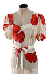 Incredible Numbered 1930s Huge Coral Flower Print Bias Cut Silk Chiffon Ivory Dress