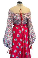 Prettiest 1970s Wallis Off Shoulder Red & Blue Floral Print Dress w Balloon Sleeves