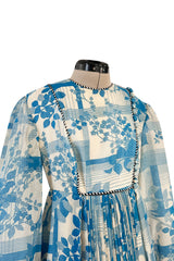 Prettiest 1960s Jean Varon Blue Floral Print Dress w Elaborate Pleating Detail