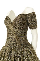 c.1984 Vicky Tiel Couture Metallic Gold & Black Lace Pouf Skirt Mini Dress