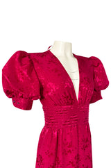 1980s Wayne Clark Pink Silk Plunging Neckline & Huge Pouf Sleeve Dress