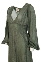 1970s Ossie Clark Metallic Green & Silver Lurex Knit Lame Plunge Dress
