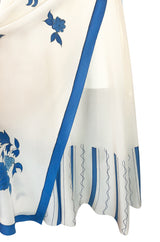 c.1974 Karl Lagerfeld for Chloe Blue Floral Print Silk Print Dress & Capelet