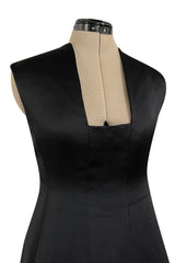 Minimalist 1960s Pauline Trigere Black Silk Satin Dress w Squared Off Neckline