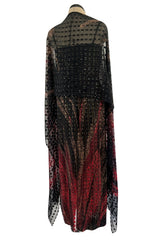 1970s Pauline Trigere Metallic Gold Thread on Pritned Silk Chiffon Dress & Sash