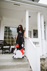 1970s Malama Hawaii Bright Red Floral Jersey Black Dress