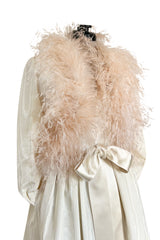 Incredible 1970s Mollie Parnis Ivory Silk Moire Halter Dress w Matching Feather Trim Jacket