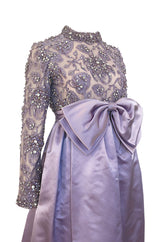 1960s George Halley Couture Lavender Silk Satin Dress w Heavily Detailed Crystal & Rhinestone Bodice