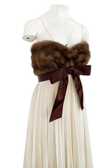 Documented 1963-64 Sarmi Ivory Silk Chiffon Dress w Strapless Natural Mink Bodice & Chocolate Silk Bow