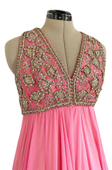 1960s Pat Sandler Pink Silk Chiffon Dress w Rhinestone & Gold Metal Cord Bodice Detailing