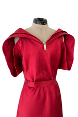 Stunning 1930s Hammered Silk Satin Deep Red Dress w Low Back & Unusual Sleeves