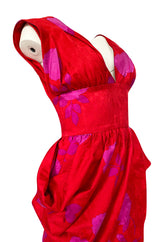 1980s Odicini Couture Coral & Pink Print Plunge Dress w Unusual Skirt