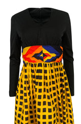 1970s Unlabeled Bright Graphic Printed Yellow & Red Full Skirted Dress