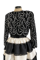 Spring 1988 Bill Blass Sequin Bodice w Ribbon Rosettes Black & White Silk Organza Dress