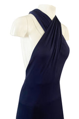 Important 1977 Halston Couture Navy Multi-Way Silk Jersey Plunge Dress w Extra Long Ties