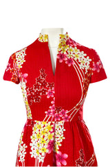 1970s Malcolm Starr Cherry Red Floral Print Dress w Rhinestone Detailing