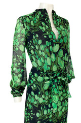 Spring 1972 Pauline Trigere Cotton Silk Voile Green Tulip Print Skirt & Top Set