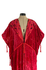 Rare 1977 Thea Porter Couture Documented Cherry Red Fused Velvet Open Front Abaya Caftan
