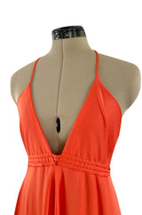 Fantastic 1970s Frank Usher Coral Jersey Dress w a Deep Front Plunge & No Back
