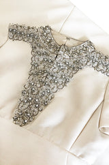 1960s Malcolm Starr Ivory Silk Dress w Rhinestone & Bead Adornments