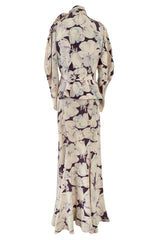 Rare Dated 1934 Bias Cut Soft Purple and Ivory Floral Print Silk Dress & Jacket w MOP Belt