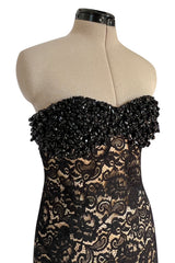 Gorgeous 1990s Isaac Mizrahi Couture Strapless Nude & Black Lace Dress w Beaded Bodice