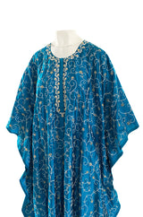 1970s Elaborately Embroidered Deep Turquoise Blue Silk Caftan Dress