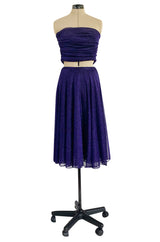 Rare 1978 Halston Couture Metallic Purple Lurex Cropped Bandeau Top & Skirt Set