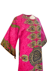 1960s Unlabeled Pink Thai Print Cotton Caftan Dress w Frog Knot Detail