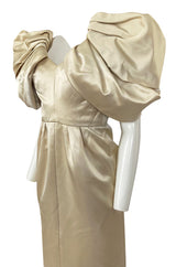 1980s Jacqueline De Ribes Ivory Silk Satin Dress w Amazing Sleeves