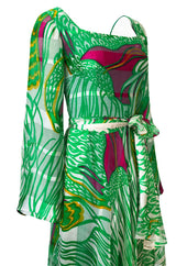 1970s Brilliant Green w Bright Pink Accents Printed Ribbon Silk Chiffon Full Length Maxi Dress