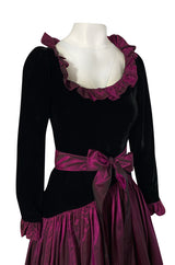 Fall 1980 Yves Saint Laurent Silk Taffeta & Velvet Dress w Asymmetrical Hem